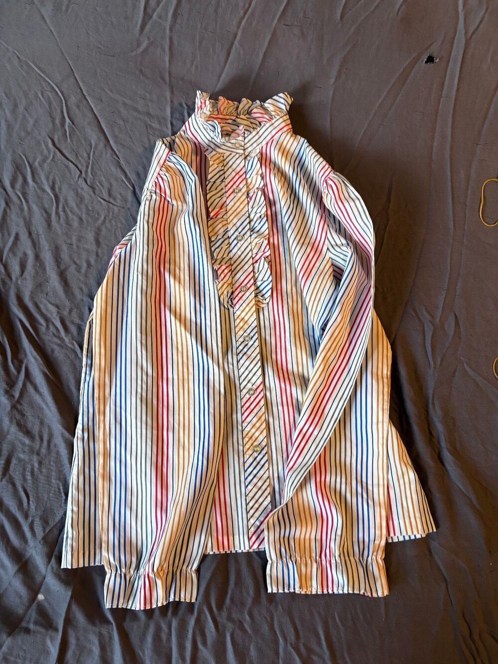 Lucky Winner Blouse Womens Multi Stripe Ruffle Collar Long Sleeve Button Up